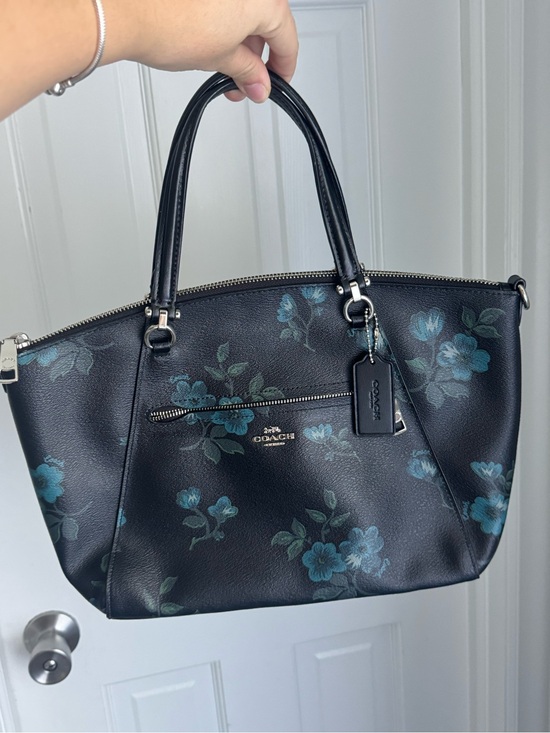 Coach Handbags - Coach Black Floral Zip-Top Tote with Teal Blue Accents